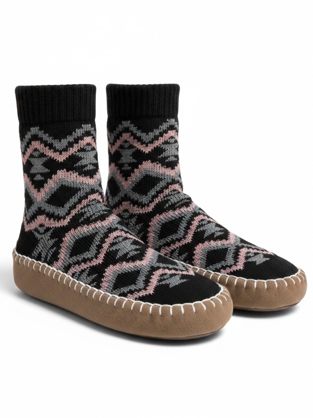 Cozy Nordic Pattern Sock Slippers in Black, Pink & Gray ((NWOT))
